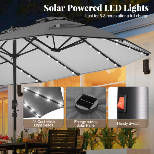 11 Pieces Patio Dining Set with LED Patio Umbrella with Base and Seat Cushions (Navy)-Wine