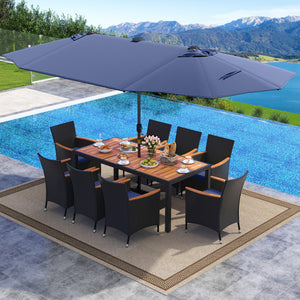 11 Pieces Patio Dining Set with LED Patio Umbrella with Base and Seat Cushions (Navy)-Navy