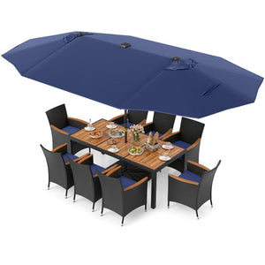 11 Pieces Patio Dining Set with LED Patio Umbrella with Base and Seat Cushions (Navy)-Navy