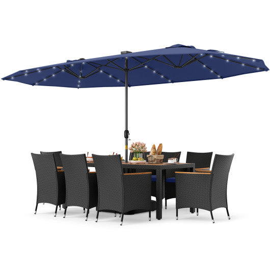 11 Pieces Patio Dining Set with LED Patio Umbrella with Base and Seat Cushions (Navy)-Navy