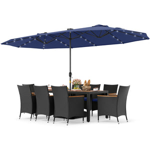 11 Pieces Patio Dining Set with LED Patio Umbrella with Base and Seat Cushions (Navy)-Navy