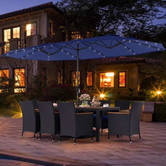 11 Pieces Patio Dining Set with LED Patio Umbrella with Base and Seat Cushions (Navy)-Navy