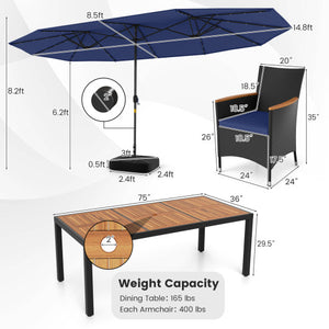 11 Pieces Patio Dining Set with LED Patio Umbrella with Base and Seat Cushions (Navy)-Navy
