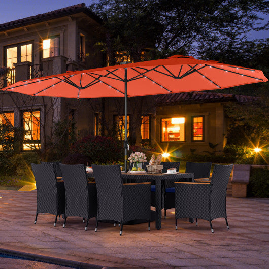 11 Pieces Patio Dining Set with LED Patio Umbrella with Base and Seat Cushions (Navy)-Orange