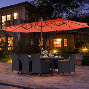 11 Pieces Patio Dining Set with LED Patio Umbrella with Base and Seat Cushions (Navy)-Orange
