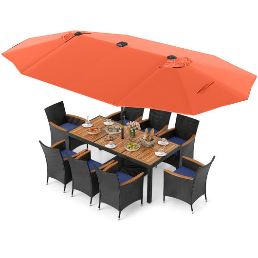 11 Pieces Patio Dining Set with LED Patio Umbrella with Base and Seat Cushions (Navy)-Orange