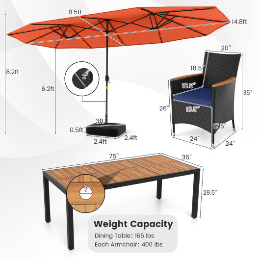 11 Pieces Patio Dining Set with LED Patio Umbrella with Base and Seat Cushions (Navy)-Orange
