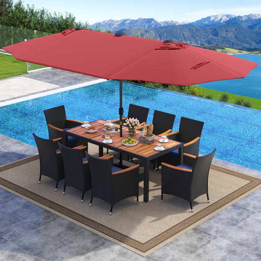 11 Pieces Patio Dining Set with LED Patio Umbrella with Base and Seat Cushions (Navy)-Wine