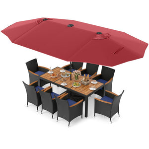 11 Pieces Patio Dining Set with LED Patio Umbrella with Base and Seat Cushions (Navy)-Wine