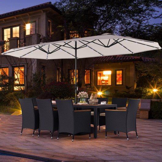 11 Pieces Patio Dining Set with LED Patio Umbrella with Base and Seat Cushions (Beige)-Beige