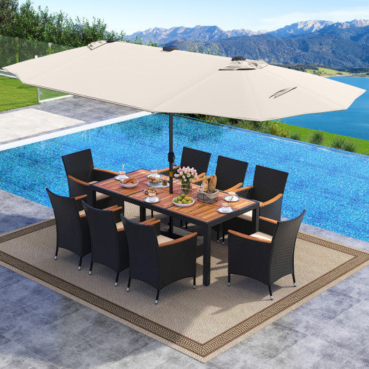 11 Pieces Patio Dining Set with LED Patio Umbrella with Base and Seat Cushions (Beige)-Beige