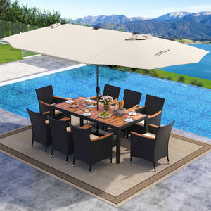 11 Pieces Patio Dining Set with LED Patio Umbrella with Base and Seat Cushions (Beige)-Beige