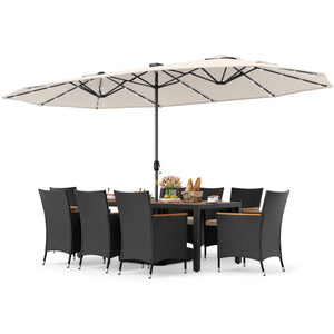 11 Pieces Patio Dining Set with LED Patio Umbrella with Base and Seat Cushions (Beige)-Beige