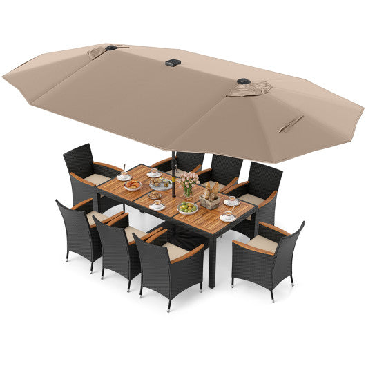 11 Pieces Patio Dining Set with LED Patio Umbrella with Base and Seat Cushions (Beige)-Coffee