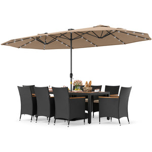 11 Pieces Patio Dining Set with LED Patio Umbrella with Base and Seat Cushions (Beige)-Coffee