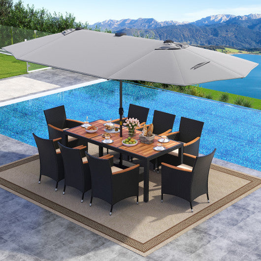 11 Pieces Patio Dining Set with LED Patio Umbrella with Base and Seat Cushions (Beige)-Gray