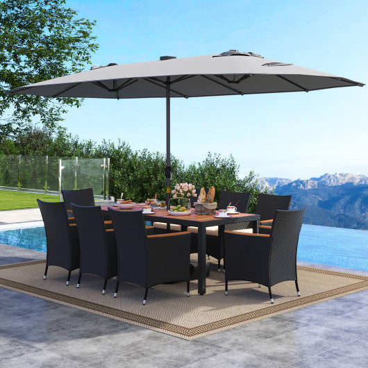 11 Pieces Patio Dining Set with LED Patio Umbrella with Base and Seat Cushions (Beige)-Gray