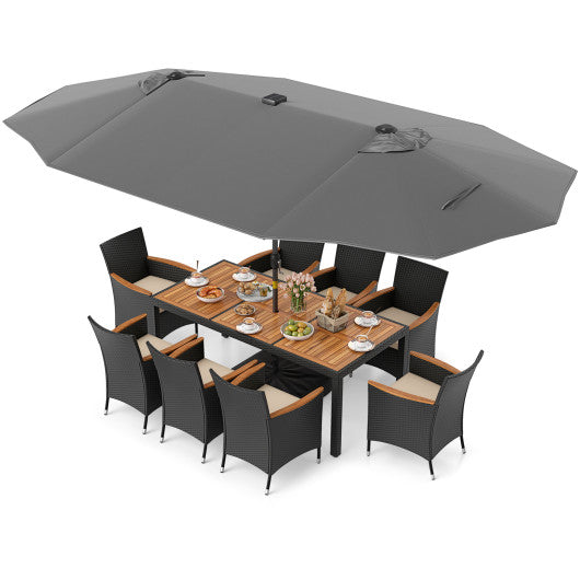 11 Pieces Patio Dining Set with LED Patio Umbrella with Base and Seat Cushions (Beige)-Gray