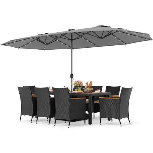11 Pieces Patio Dining Set with LED Patio Umbrella with Base and Seat Cushions (Beige)-Gray