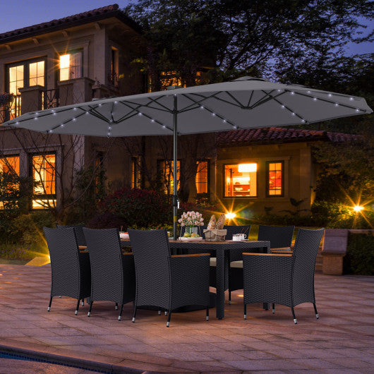 11 Pieces Patio Dining Set with LED Patio Umbrella with Base and Seat Cushions (Beige)-Gray