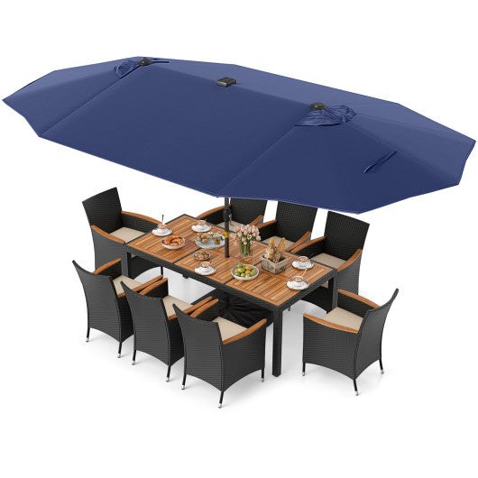 11 Pieces Patio Dining Set with LED Patio Umbrella with Base and Seat Cushions (Beige)-Navy