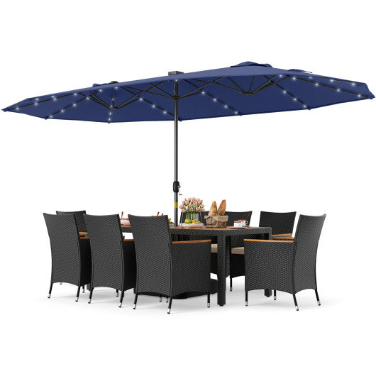 11 Pieces Patio Dining Set with LED Patio Umbrella with Base and Seat Cushions (Beige)-Navy
