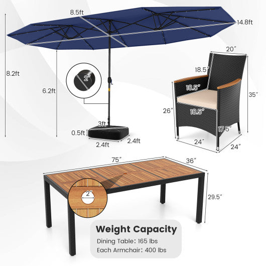 11 Pieces Patio Dining Set with LED Patio Umbrella with Base and Seat Cushions (Beige)-Navy