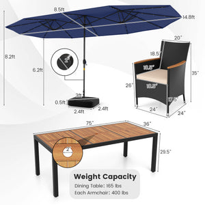 11 Pieces Patio Dining Set with LED Patio Umbrella with Base and Seat Cushions (Beige)-Navy