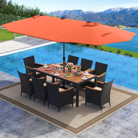 11 Pieces Patio Dining Set with LED Patio Umbrella with Base and Seat Cushions (Beige)-Orange