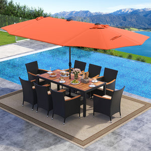 11 Pieces Patio Dining Set with LED Patio Umbrella with Base and Seat Cushions (Beige)-Orange