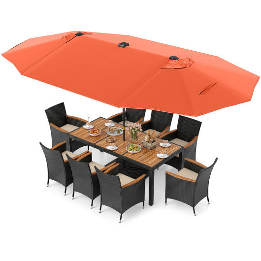 11 Pieces Patio Dining Set with LED Patio Umbrella with Base and Seat Cushions (Beige)-Orange