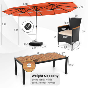 11 Pieces Patio Dining Set with LED Patio Umbrella with Base and Seat Cushions (Beige)-Orange