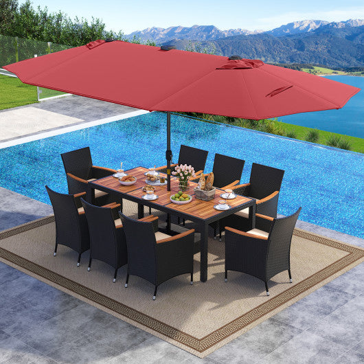 11 Pieces Patio Dining Set with LED Patio Umbrella with Base and Seat Cushions (Beige)-Wine