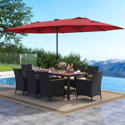 11 Pieces Patio Dining Set with LED Patio Umbrella with Base and Seat Cushions (Beige)-Wine