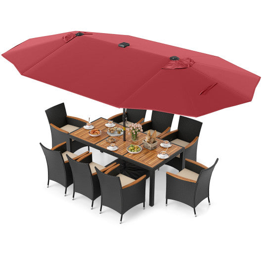 11 Pieces Patio Dining Set with LED Patio Umbrella with Base and Seat Cushions (Beige)-Wine
