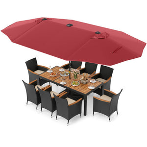 11 Pieces Patio Dining Set with LED Patio Umbrella with Base and Seat Cushions (Beige)-Wine