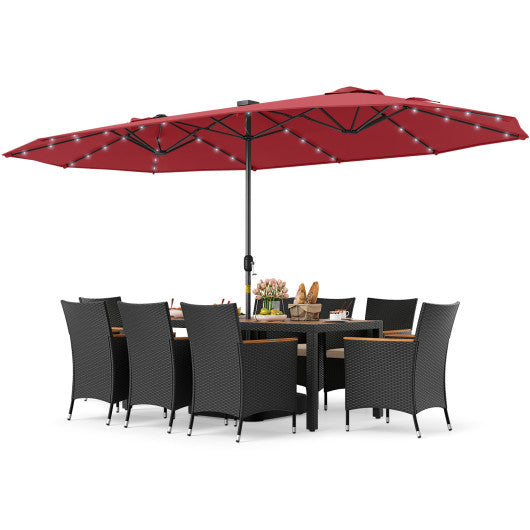 11 Pieces Patio Dining Set with LED Patio Umbrella with Base and Seat Cushions (Beige)-Wine
