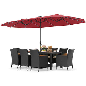11 Pieces Patio Dining Set with LED Patio Umbrella with Base and Seat Cushions (Beige)-Wine