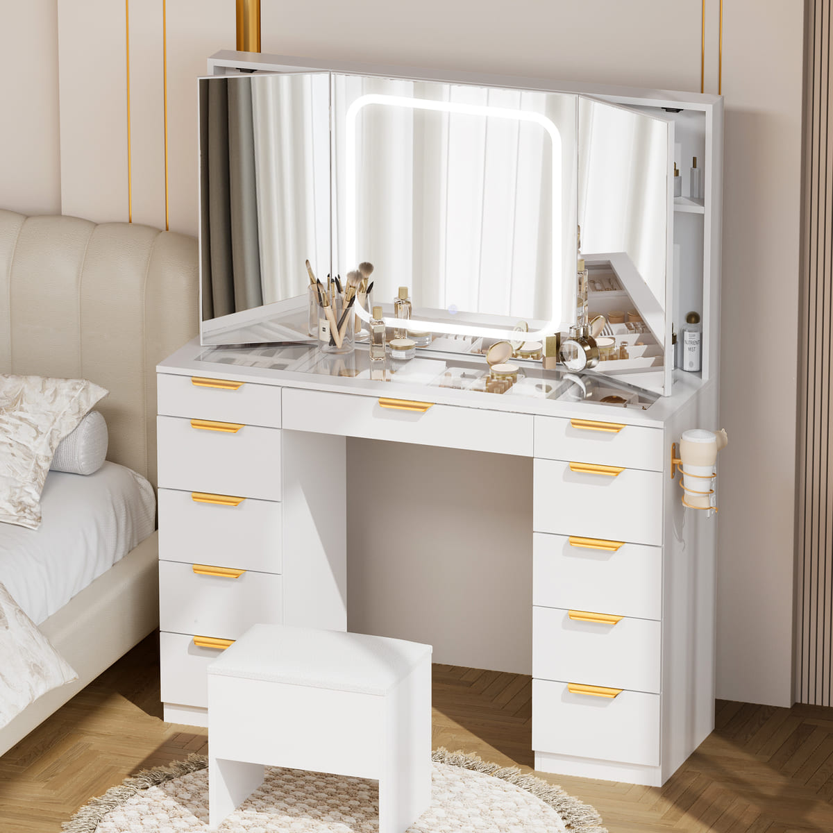 11-Drawer Vanity Desk with Tri-Fold LED Mirror & Glass Top