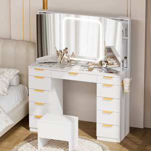 11-Drawer Vanity Desk with Tri-Fold LED Mirror & Glass Top