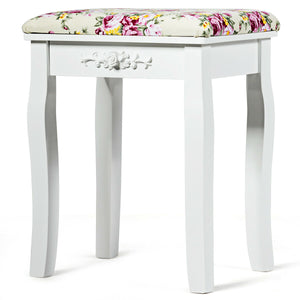 Vanity Wood Dressing Stool Padded Piano Seat with Rose Cushion-White