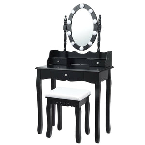 Oval Mirror Vanity Set  with 10 LED Dimmable Bulbs and 3 Drawers-Brown