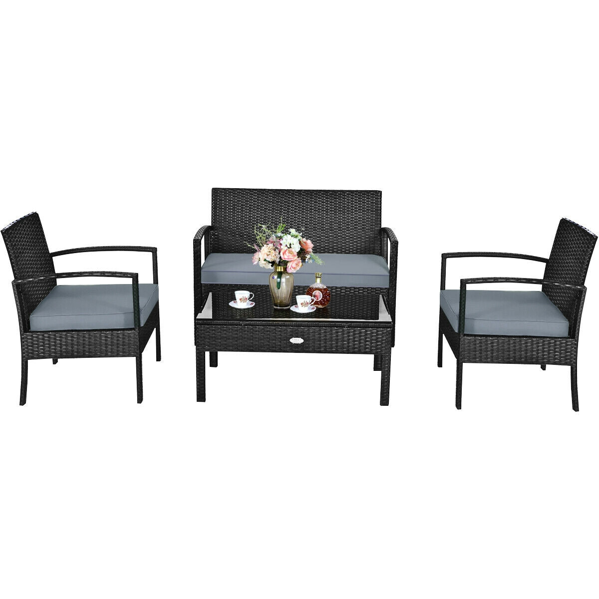 4 Pieces Patio Rattan Cushioned Furniture Set with Loveseat and Table -Brown