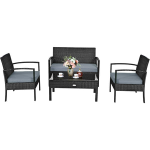 4 Pieces Patio Rattan Cushioned Furniture Set with Loveseat and Table -Brown