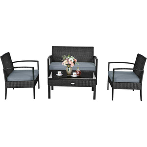 4 Pieces Patio Rattan Cushioned Furniture Set-Gray