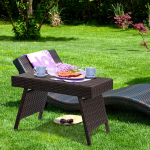 Folding PE Rattan Side Coffee Table Patio Garden Furniture-Brown
