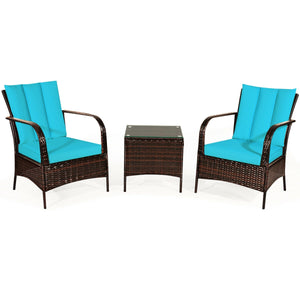 3 Pcs Patio Conversation Rattan Furniture Set with Glass Top Coffee Table and Cushions-Gray