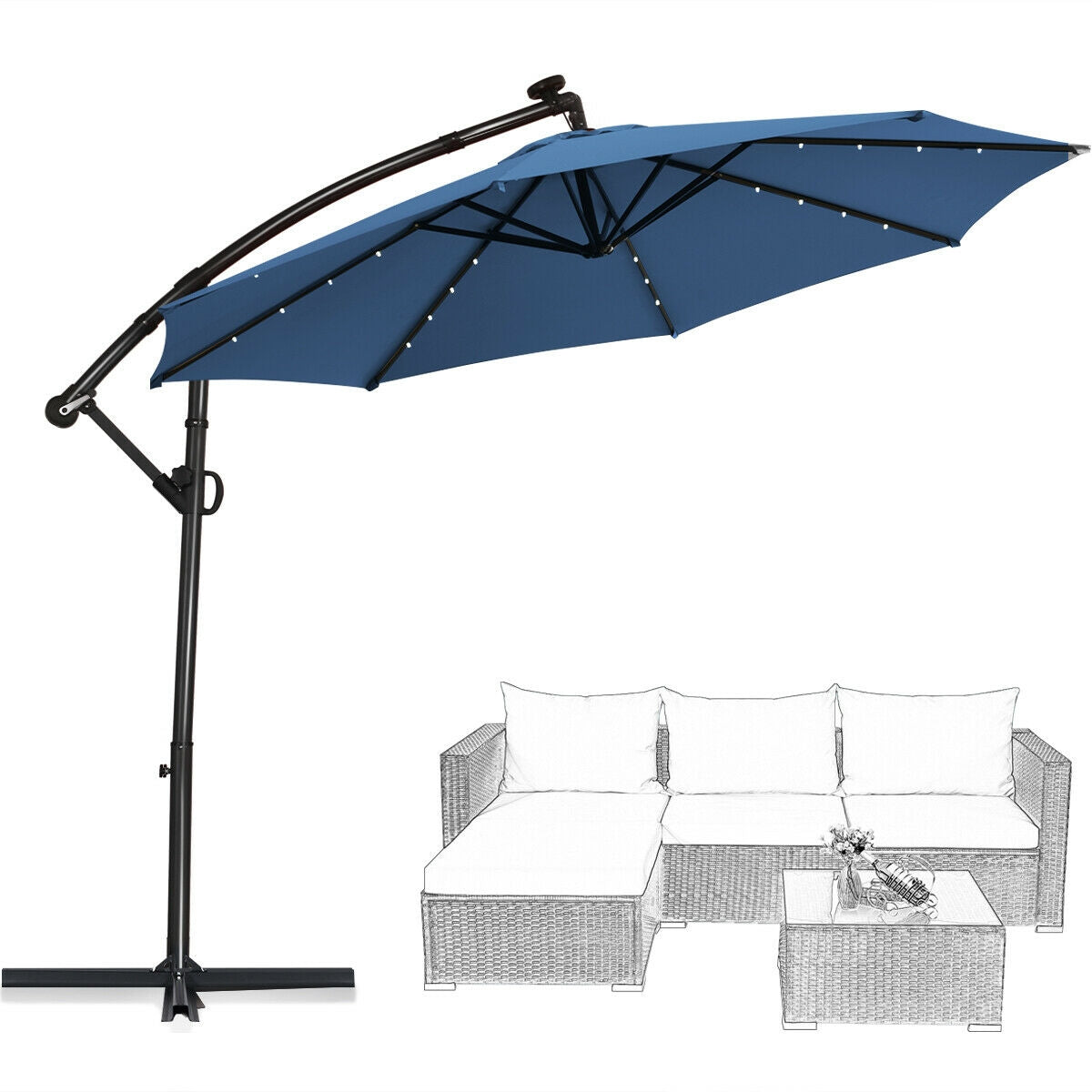 10 ft 360 ° Rotation Solar Powered LED Patio Offset Umbrella-Blue