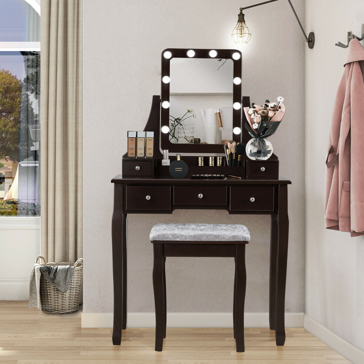 Vanity Dressing Table Set with 10 Dimmable Bulbs and Cushioned Stool-Black