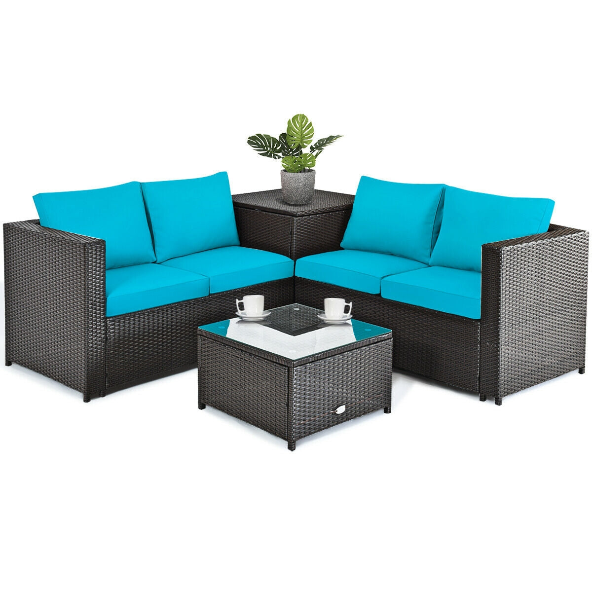 4 Pieces Outdoor Patio Rattan Furniture Set with Cushioned Loveseat and Storage Box-Brown